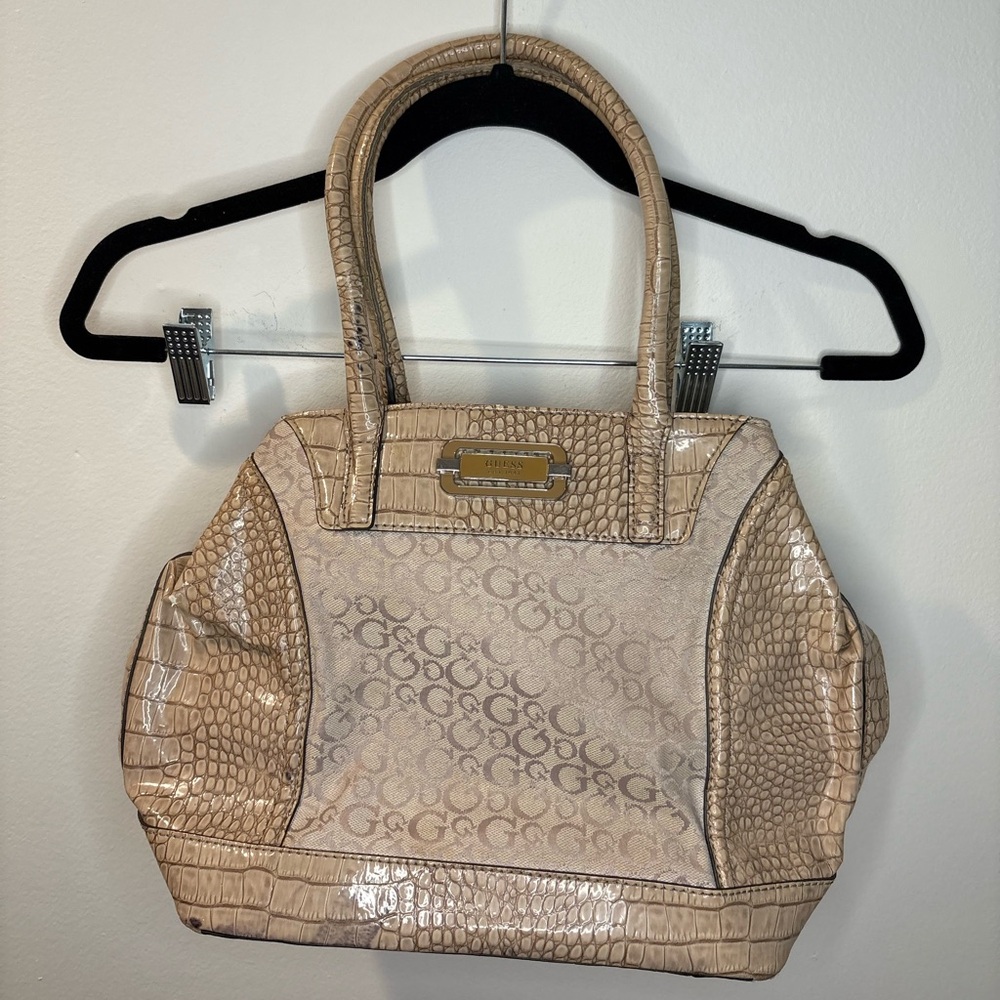 Rare Vtg Guess Croc-Embossed Beige and Cream Tote Bag #130